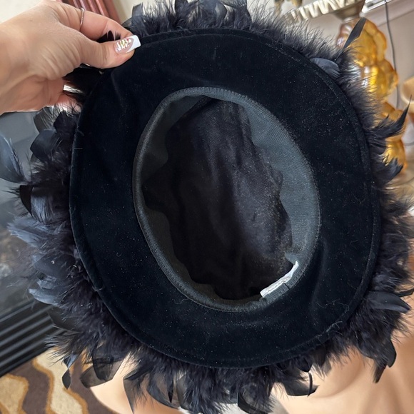 Vintage Lord & Taylor Black Velvet Kentucky Derby Wide Brim Feathers Dress Hat